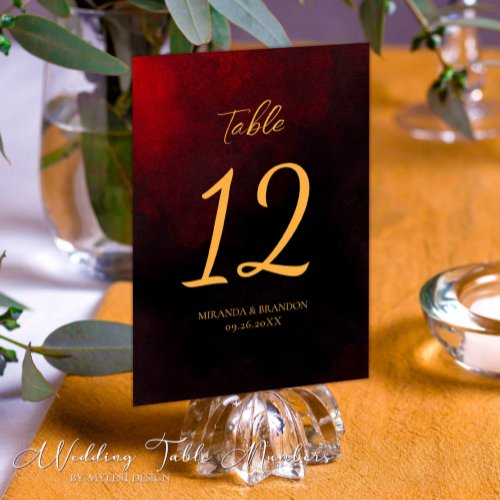 Elegant Luxury Gold Black and Red Wedding Table Number
