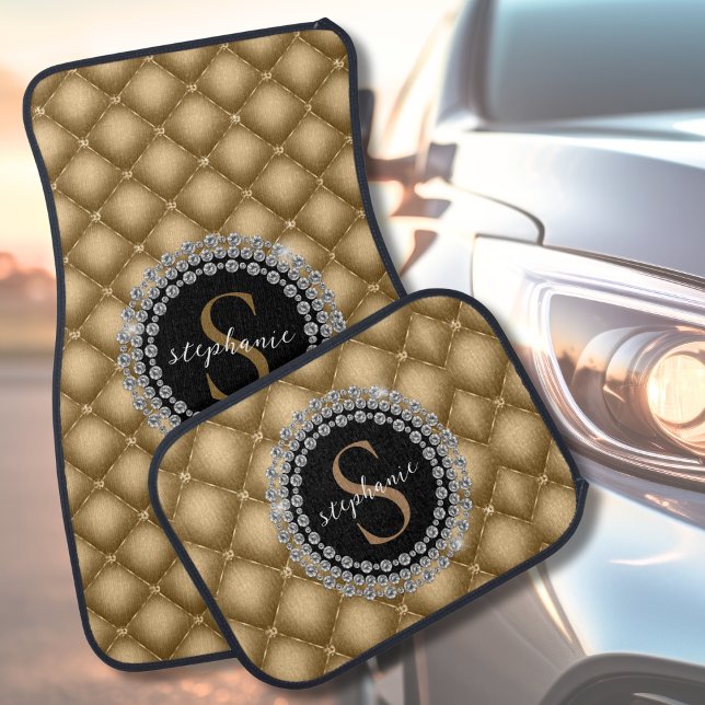 Elegant Luxury Gold Black Diamonds Monogram Car Floor Mat (Mock up View)