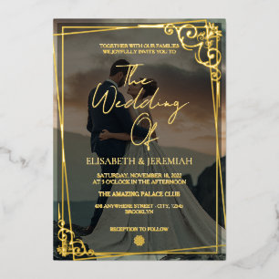 Elegant Luxury Gold & Black Overlay Photo Wedding Foil Invitation