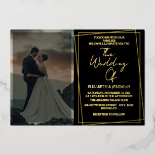 Elegant Luxury Gold & Black Overlay Photo Wedding Foil Invitation