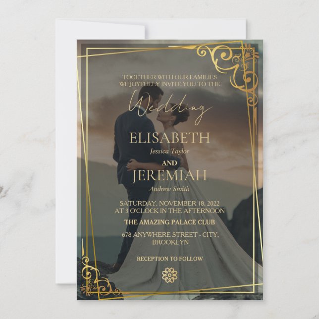 Elegant Luxury Gold & Black Overlay Photo Wedding Invitation (Front)