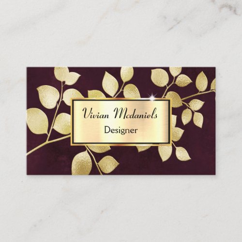 Elegant Luxury Gold  Burgundy Leaves Business Card
