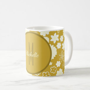 ELEGANT LUXURY GOLD CREAM FLOWER MONOGRAM FLORAL  COFFEE MUG