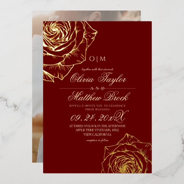 Elegant Luxury Gold Foil Rose Red Wedding  Invitation (Front/Back)