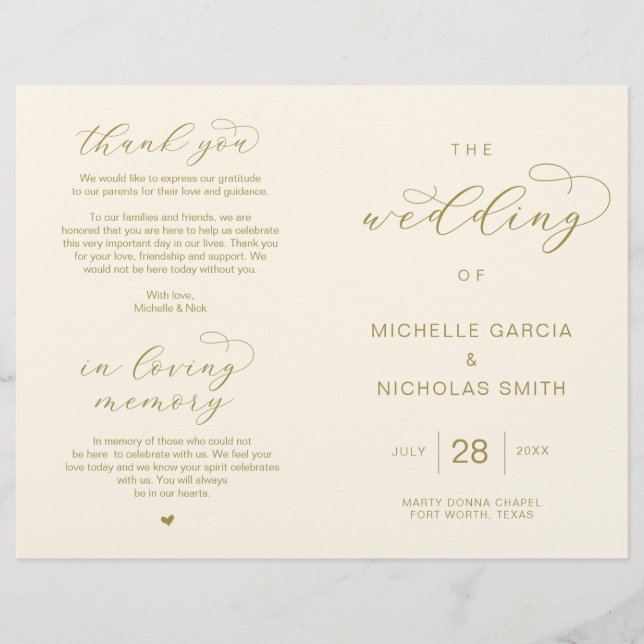 Elegant Luxury Gold, Foldable Wedding Programs (Front)