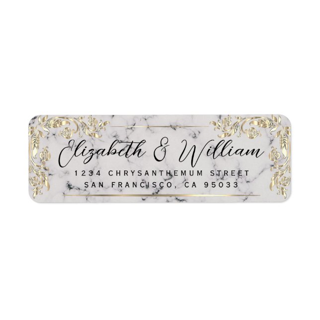 Elegant luxury Gold Frame & Script Marble Address  Label (Front)