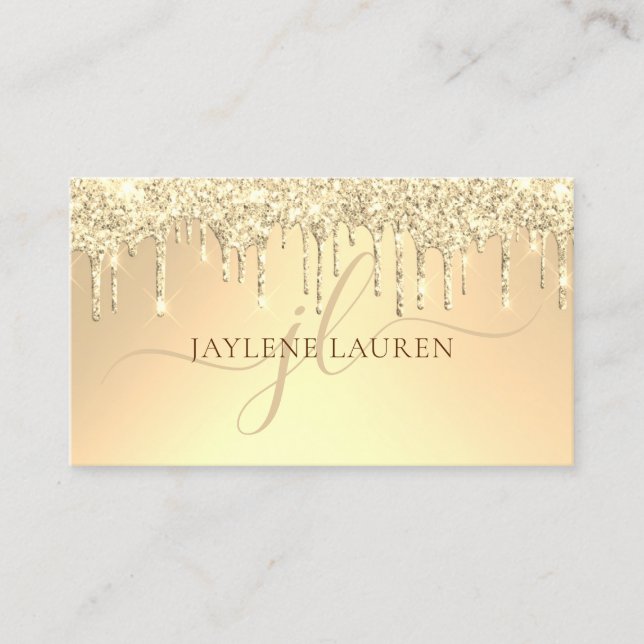 Elegant Luxury Gold Glitter Drips Monogram Business Card (Front)