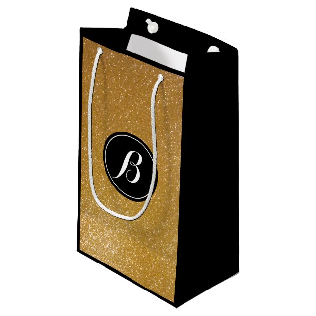Elegant luxury gold glitter monogram gift bag (Front Angled)