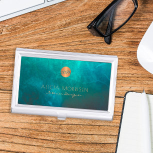 Elegant luxury gold green monogram personalized business card case