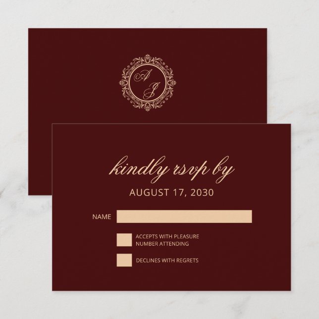 Elegant Luxury Gold Monogram Burgundy RSVP Card (Front/Back)