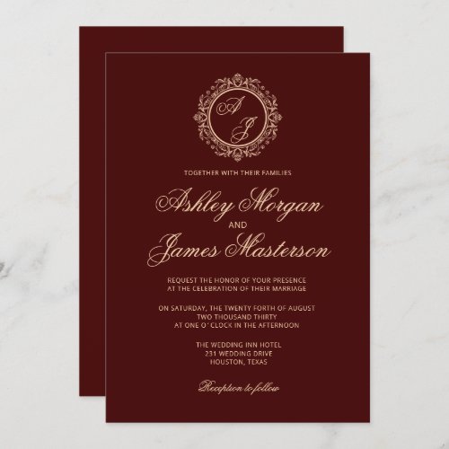 Elegant Luxury Gold Monogram Burgundy Wedding Invitation