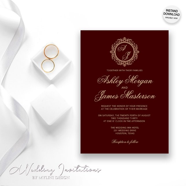 Elegant Luxury Gold Monogram Burgundy Wedding Invitation (Creator Uploaded)
