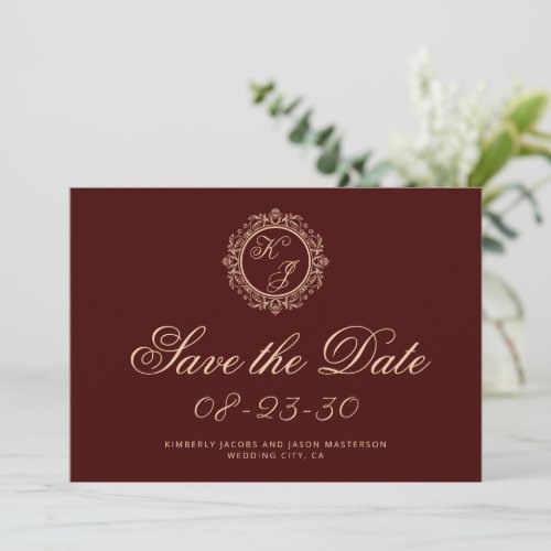 Elegant Luxury Gold Monogram Burgundy Wedding Save The Date