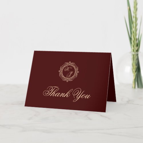 Elegant Luxury Gold Monogram Burgundy Wedding Thank You Card