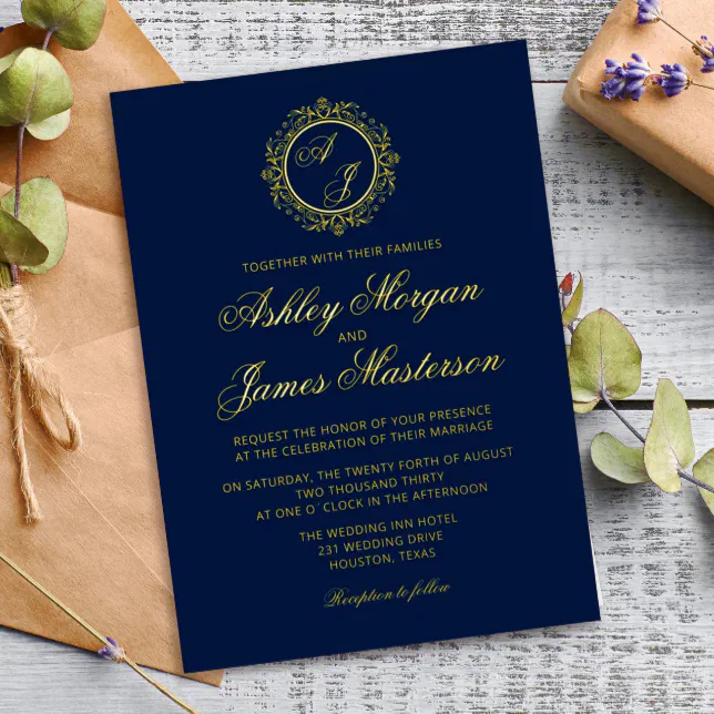 Elegant Luxury Gold Monogram Navy Blue Wedding Foil Invitation | Zazzle