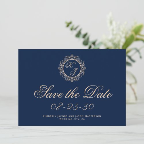 Elegant Luxury Gold Monogram Navy Blue Wedding Save The Date