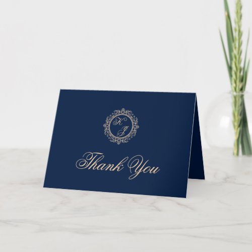 Elegant Luxury Gold Monogram Navy Blue Wedding Thank You Card