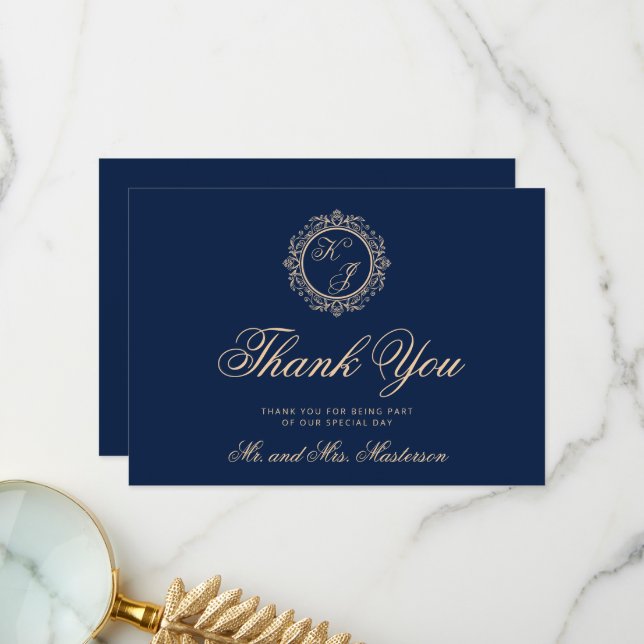 Elegant Luxury Gold Monogram Navy Blue Wedding Thank You Card (Front/Back In Situ)