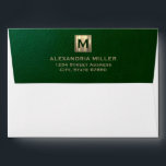 Elegant Luxury Gold Monogram Return Address Envelope<br><div class="desc">Send your mail in style with this elegant luxury gold monogram envelope. The classic block typography and sleek design make it a perfect fit for both personal and professional correspondence. The envelope features a brushed gold medallion with your custom monogram in the center and a rich emerald green textured background....</div>