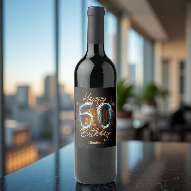 Elegant Luxury Gold Mosaic on Black 60th Birthday Wine Label (Creator Uploaded)