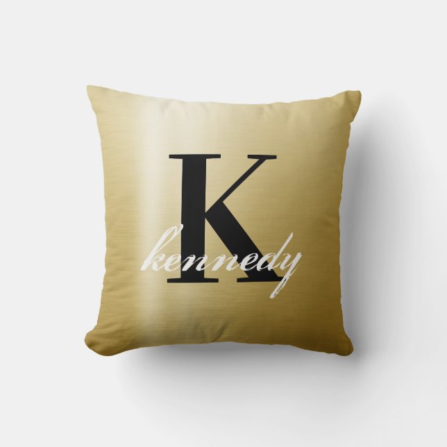 Elegant Luxury Gold Satin Shimmer Monogram Name Throw Pillow (Front)