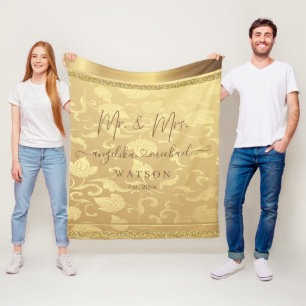 Elegant Luxury Golden Damask Mr. and Mrs. Trendy Fleece Blanket