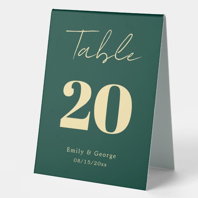 Elegant Luxury Green Gold Script Modern Wedding Table Tent (Front)