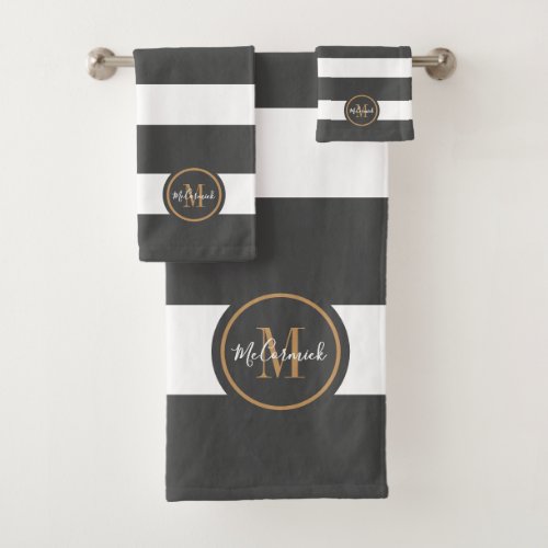 Elegant Luxury Grey White Stripes Gold Monogram Bath Towel Set