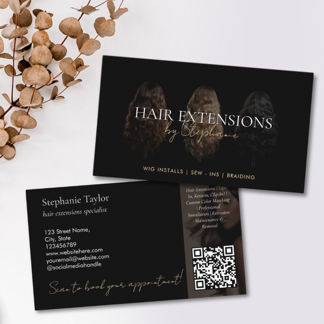 Elegant Luxury Hair Extensions Wig Installs Photo Business Card (Creator Uploaded)