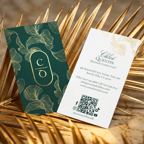 Elegant Luxury Leaf Emerald Green Monogram Crest  Foil Business Cards