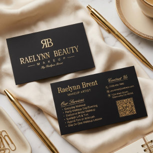 Elegant Luxury Makeup Artist QR Code Black Gold Foil Business Cards