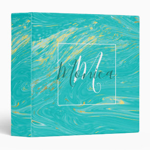 Elegant Luxury Marble Gold Blue Monogram 3 Ring Binder