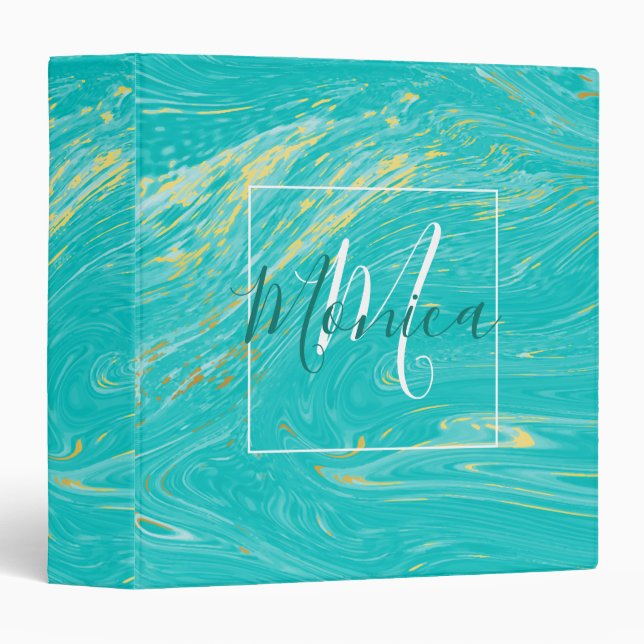 Elegant Luxury Marble Gold Blue Monogram 3 Ring Binder (Front/Spine)