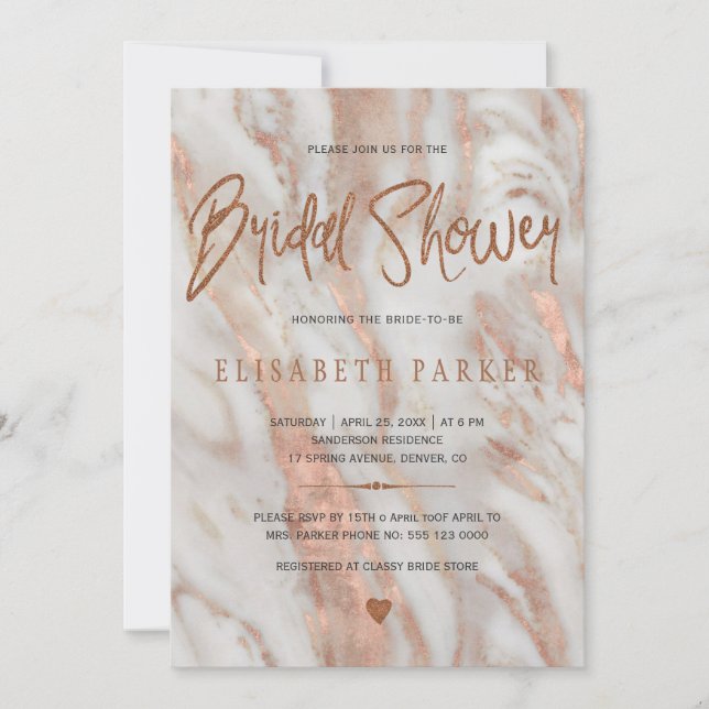 Elegant luxury marble rose gold bridal shower invitation (Front)