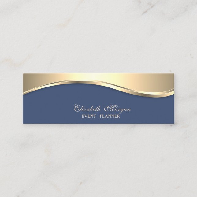 Elegant Luxury  Modern, Gold, Navy Blue Mini Business Card (Front)