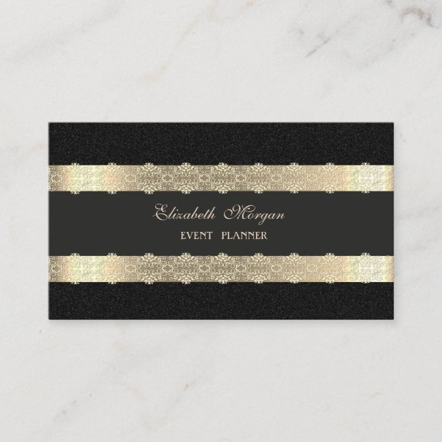 Elegant Luxury  Modern,Gold Striped,Lace,Black Business Card (Front)