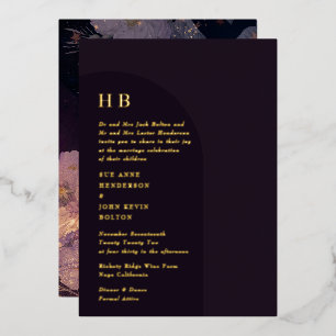 Elegant Luxury Monogram Dark Boho Floral Arch Foil Invitation