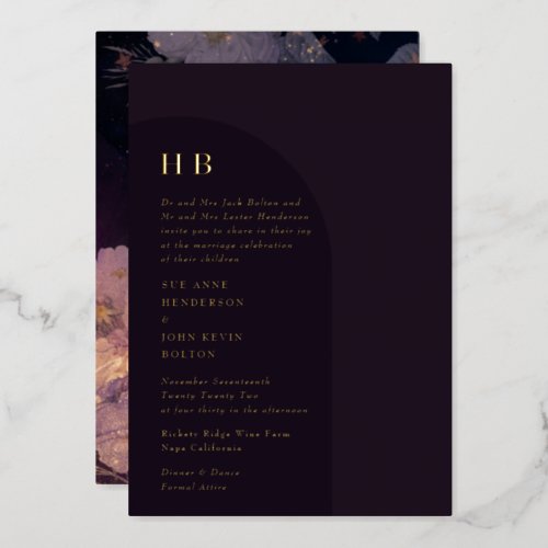 Elegant Luxury Monogram Dark Boho Floral Arch Foil Invitation