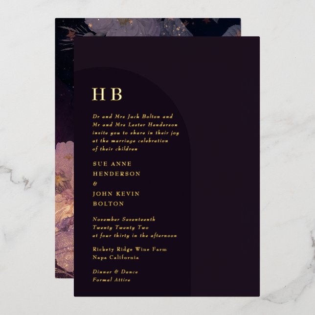 Elegant Luxury Monogram Dark Boho Floral Arch Foil Invitation (Front/Back)