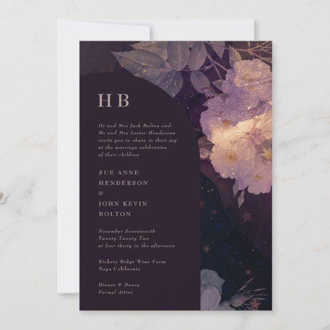 Elegant Luxury Monogram Dark Boho Floral Arch Invitation (Front)