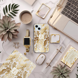 Elegant Luxury Monogrammed Gold and Ivory Monstera iPhone 15 Plus Case