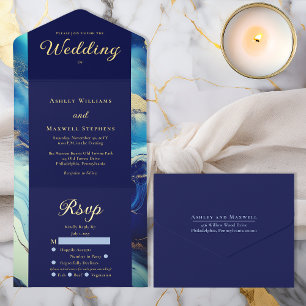 Elegant Luxury Navy Blue and Gold Marble Wedding All In One Invitation
