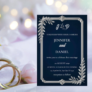 Elegant Luxury Navy Blue and Silver Wedding Invitation