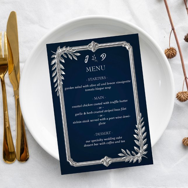 Elegant Luxury Navy Blue and Silver Wedding Menu (Creator Uploaded)