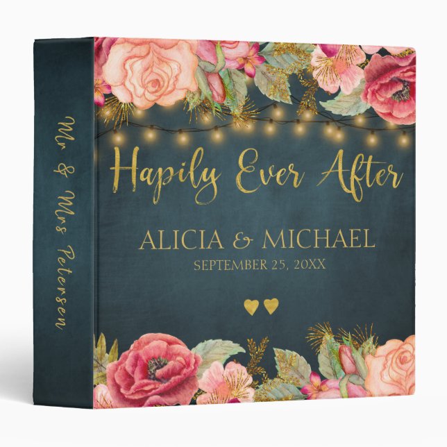 Elegant luxury navy blush gold floral wedding 3 ring binder (Front/Spine)