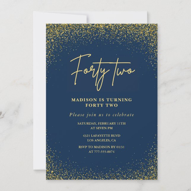 Elegant Luxury Navy Gold Glitter 42nd birthday Invitation (Front)