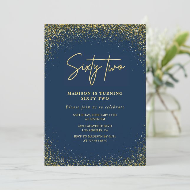 Elegant Luxury Navy Gold Glitter 62nd birthday Invitation (Standing Front)