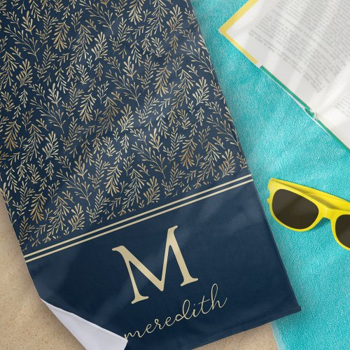 Elegant Luxury Navy Gold Leaf Monogram Beach Towel