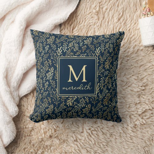 Elegant Luxury Navy Gold Leaf Monogram Throw Pillow