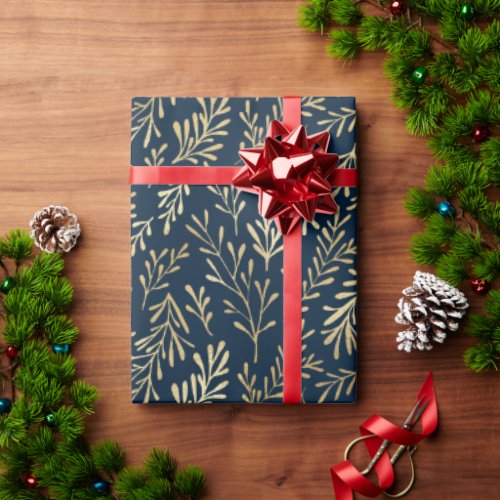Elegant Luxury Navy Gold Leaf Pattern Christmas Wrapping Paper